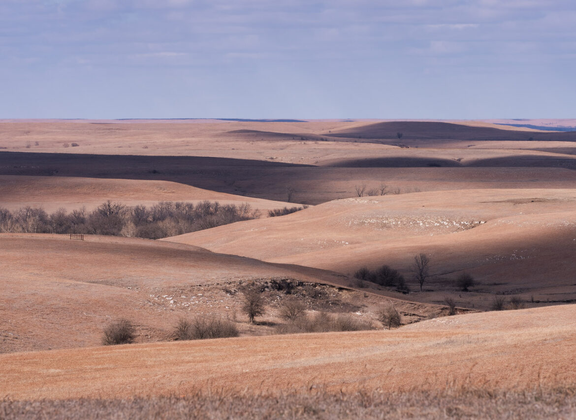 Shadow enhanced topography of hills south of Cassoday, in Greenwood County, Kansas